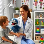 DALL·E-2025-03-18-14.59.11-A-female-speech-therapist-in-a-therapy-clinic-using-a-puppet-to-engage-a.webp